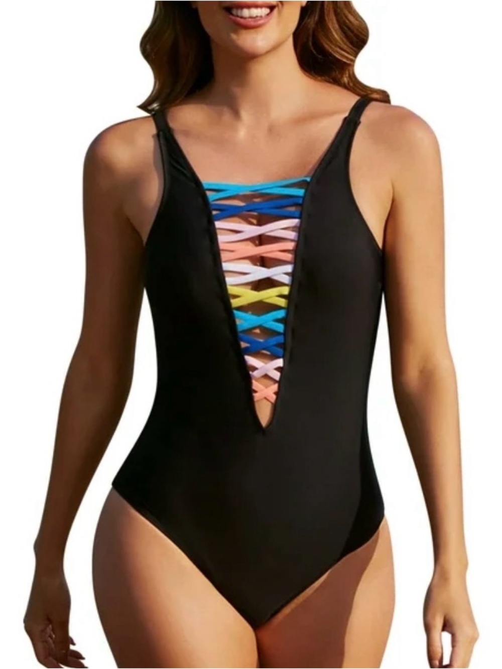 Black One-Piece Swimsuit with Multicolor Lattice Front - Large